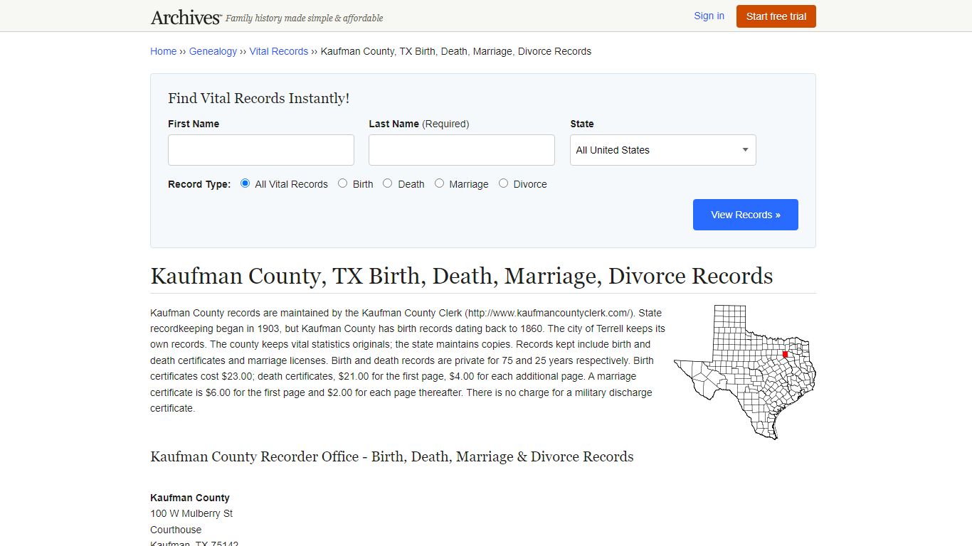 Kaufman County, TX Birth, Death, Marriage, Divorce Records